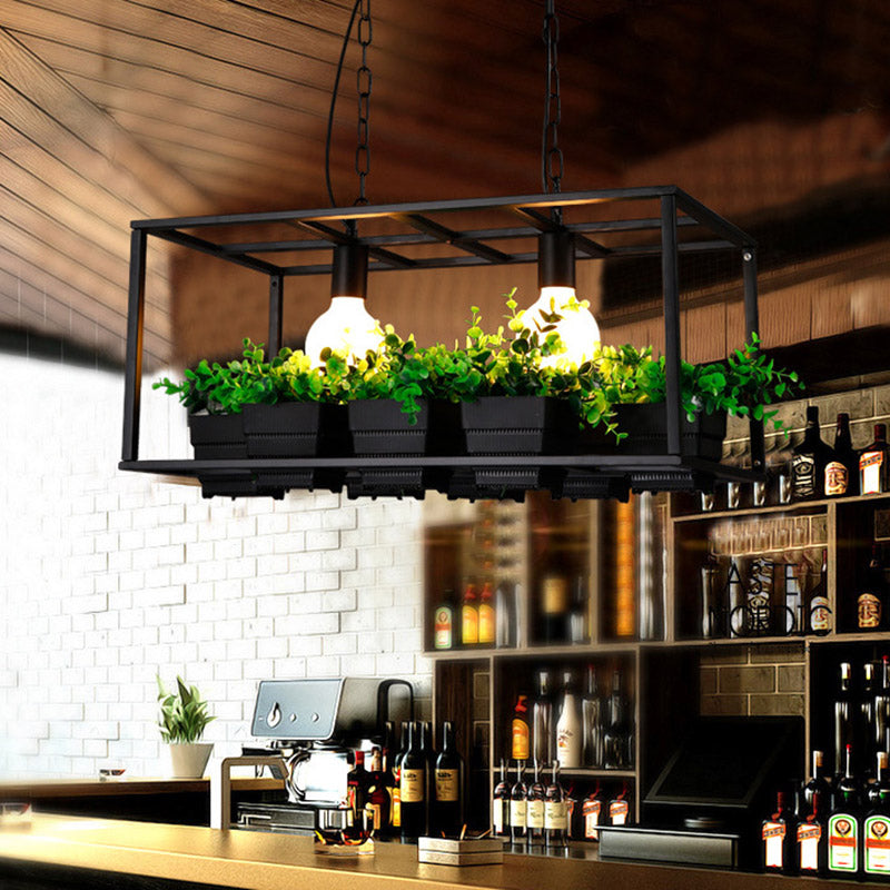 Black/White 2 Heads Island Lamp Antiqued Metal Rectangle Plant Hanging Ceiling Light for Restaurant, 21.5"/25.5" Long