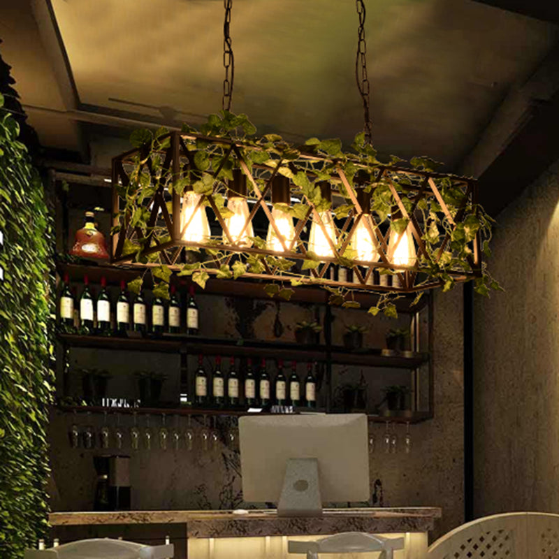 6 Heads Metal Island Pendant Antique Black Rectangular Restaurant LED Down Lighting with Plant Decor