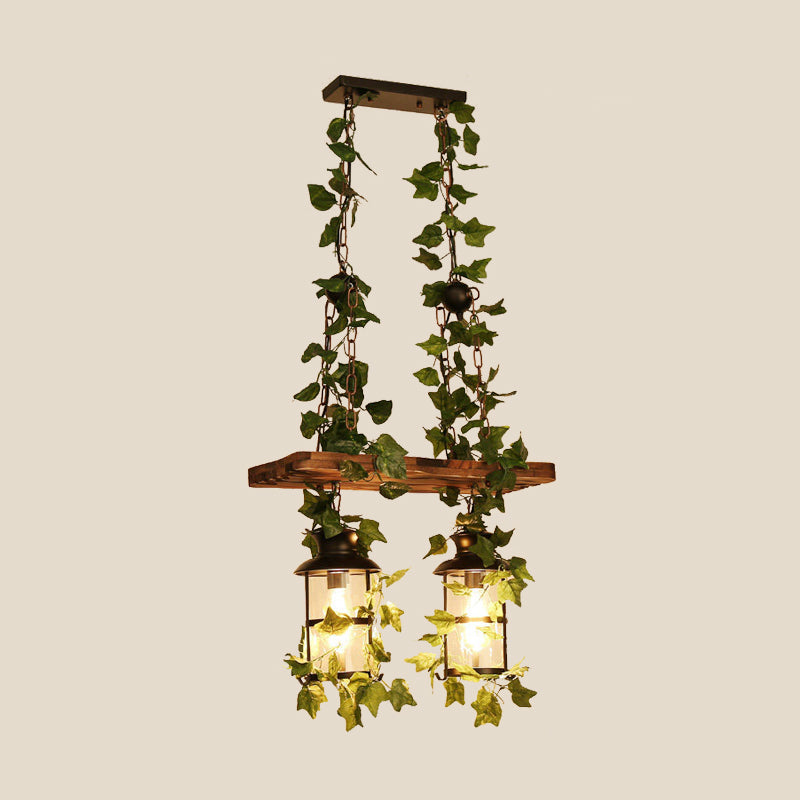 Lantern Restaurant Island Ceiling Light Retro Wooden 2/3 Heads Pink/Green LED Drop Lamp with Plant/Flower Decor