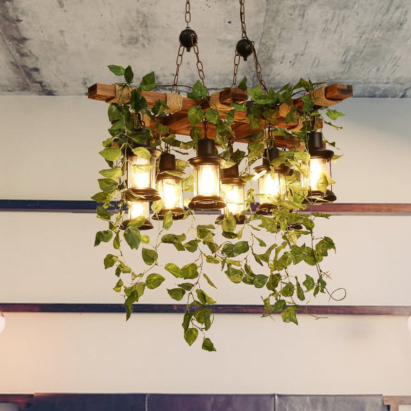 Green Lantern Chandelier Lighting Fixture Industrial Wooden 3/6/8 Heads Restaurant LED Plant Ceiling Light, 21.5"/27"/30" W