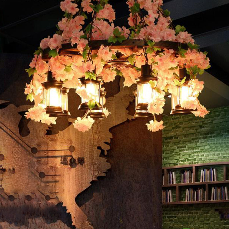 Vintage Lantern Pendant Chandelier 3/6/8 Heads Wooden LED Flower Suspension Light in Pink, 21.5"/27"/30" Wide
