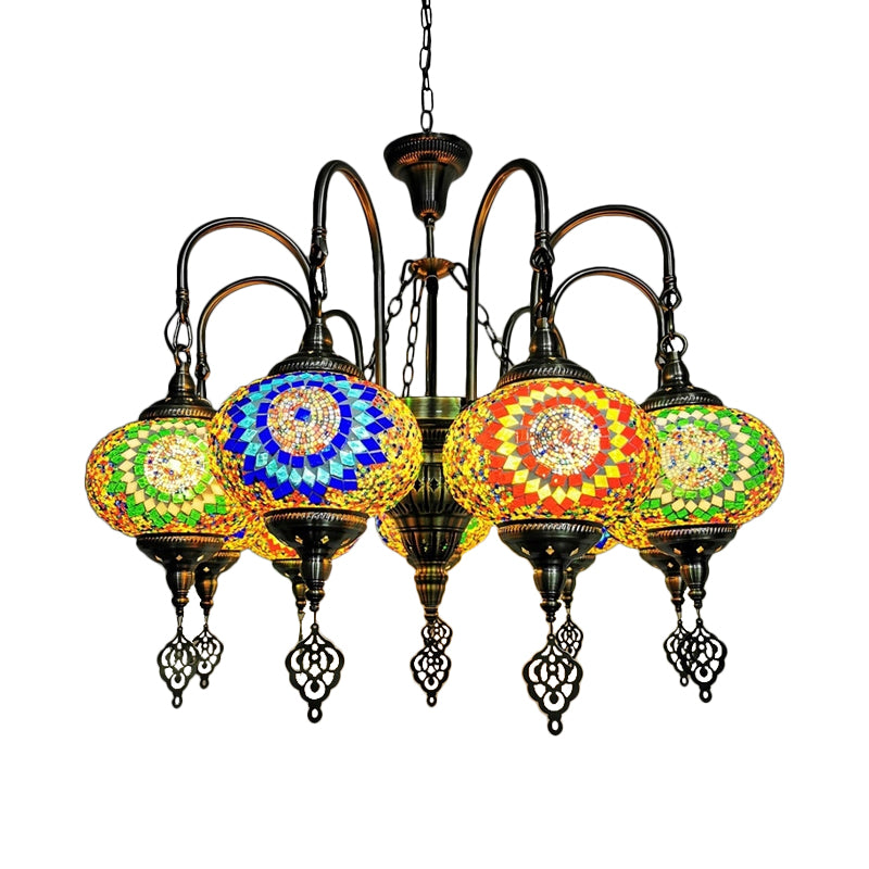 9 Heads Oval Ceiling Pendant Light Vintage Yellow/Green Hand Cut Glass Chandelier Lighting