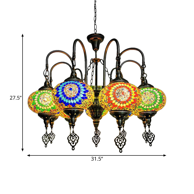 9 Heads Oval Ceiling Pendant Light Vintage Yellow/Green Hand Cut Glass Chandelier Lighting