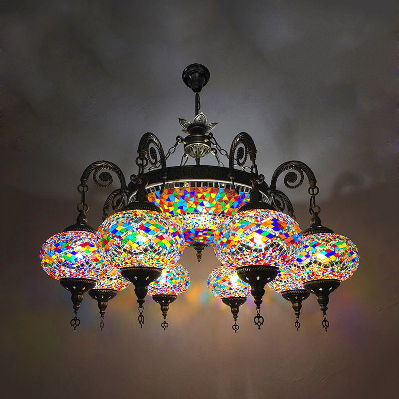 Hand Cut Glass Bronze Ceiling Lamp Oval 9 Heads Traditional Chandelier Light Fixture