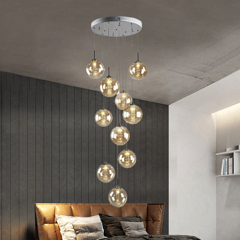 Luce a sospensione di Amber Glass Globe Moderna Lampada a ciondolo a grappolo da soggiorno