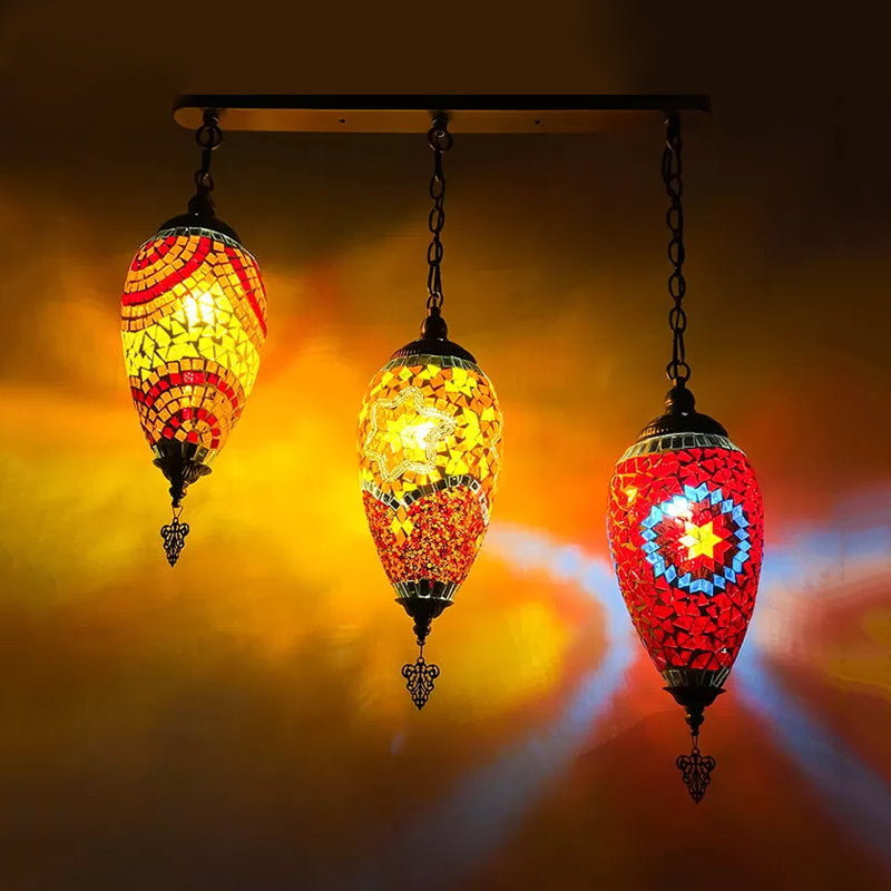 Stained Glass Waterdrop Cluster Pendant Traditional 3 Heads Bedroom Hanging Ceiling Light in Blue/Green/Red and Blue