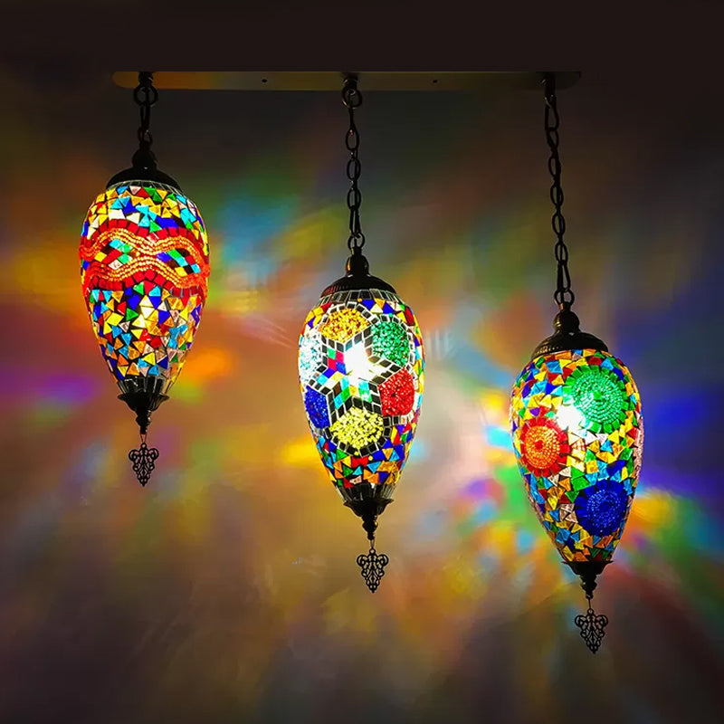 Stained Glass Waterdrop Cluster Pendant Traditional 3 Heads Bedroom Hanging Ceiling Light in Blue/Green/Red and Blue