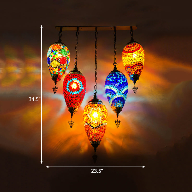 Waterdrop Bedroom Multi Light Pendant Vintage Stained Glass 5 Heads Red/Yellow/Orange Ceiling Lamp