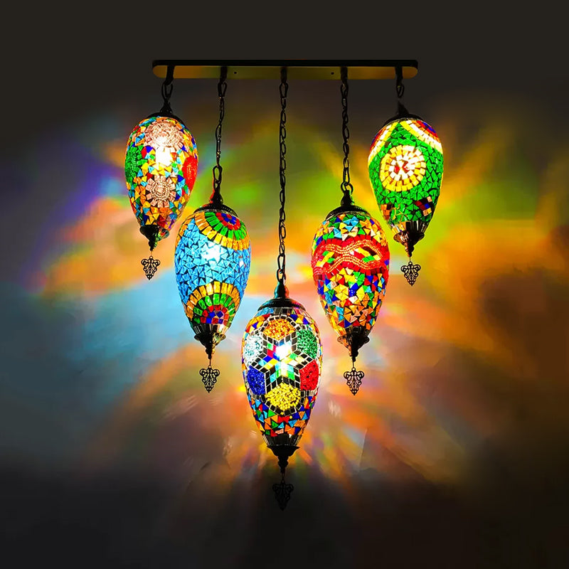 Waterdrop Bedroom Multi Light Pendant Vintage Stained Glass 5 Heads Red/Yellow/Orange Ceiling Lamp