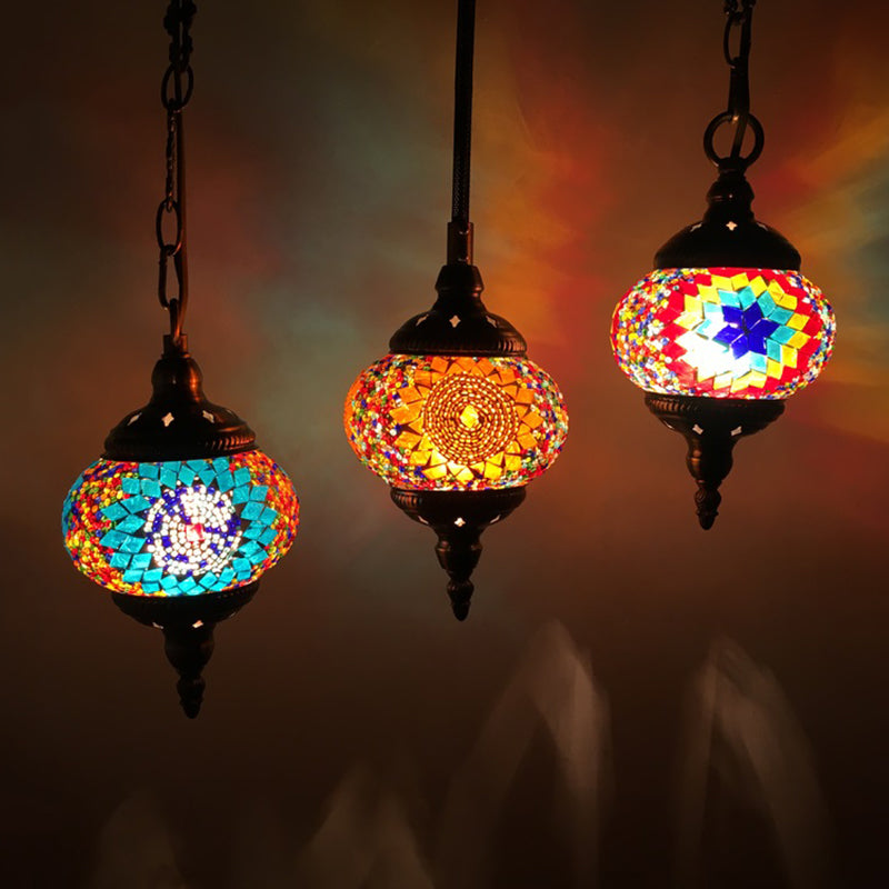 Traditional Oval Cluster Pendant Light 3 Heads Hand Cut Glass Hanging Light in Red/Yellow/Orange