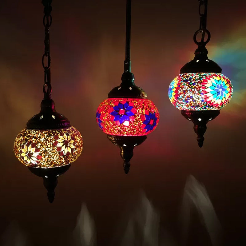 Traditional Oval Cluster Pendant Light 3 Heads Hand Cut Glass Hanging Light in Red/Yellow/Orange