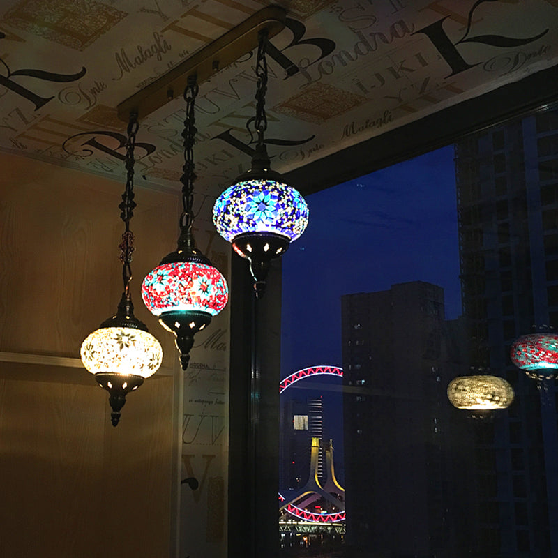 3 Heads Stained Art Glass Suspension Lamp Vintage Red/Yellow/Green Oval Bedroom Cluster Pendant