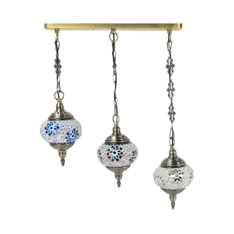 3 Heads Stained Art Glass Suspension Lamp Vintage Red/Yellow/Green Oval Bedroom Cluster Pendant