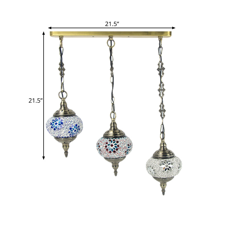 3 Heads Stained Art Glass Suspension Lamp Vintage Red/Yellow/Green Oval Bedroom Cluster Pendant