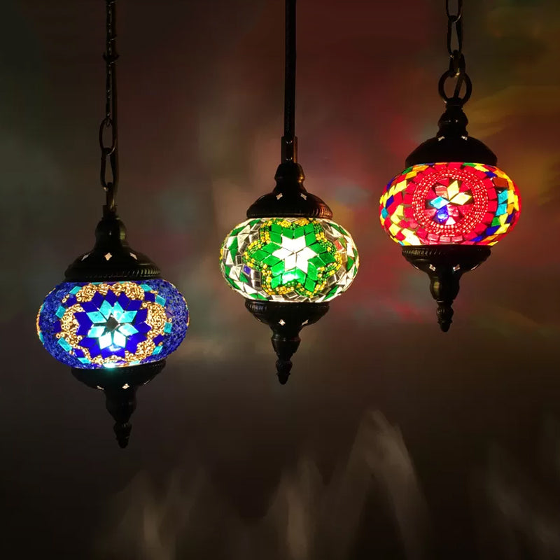 3 Heads Stained Art Glass Suspension Lamp Vintage Red/Yellow/Green Oval Bedroom Cluster Pendant