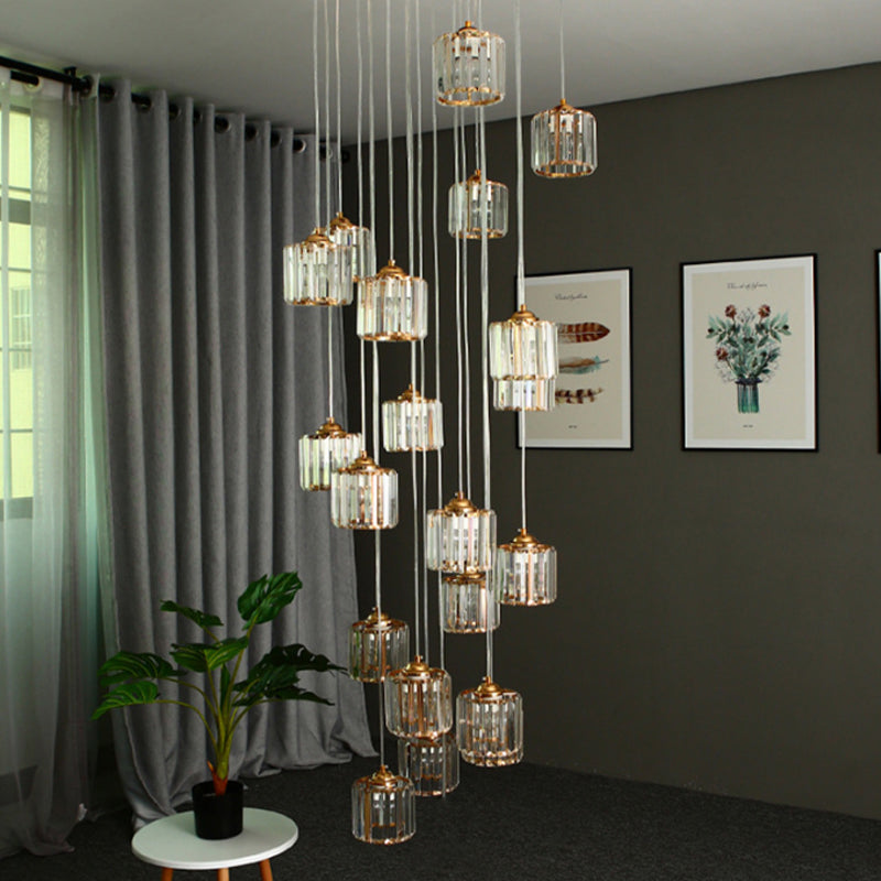 15 Lights Hanging Ceiling Lamp Modernist Living Room Multi Light Pendant with Drum Amber Crystal Shade