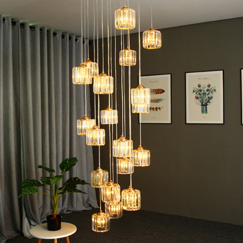 15 Lights Hanging Ceiling Lamp Modernist Living Room Multi Light Pendant with Drum Amber Crystal Shade
