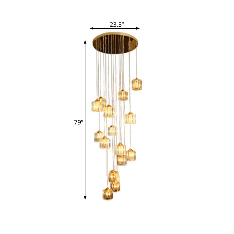 15 Lights Hanging Ceiling Lamp Modernist Living Room Multi Light Pendant with Drum Amber Crystal Shade