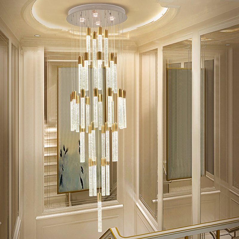 Modern Tube Cluster Pendant Lamp 24 Heads Clear Glass LED Hanging Ceiling Light in Gold