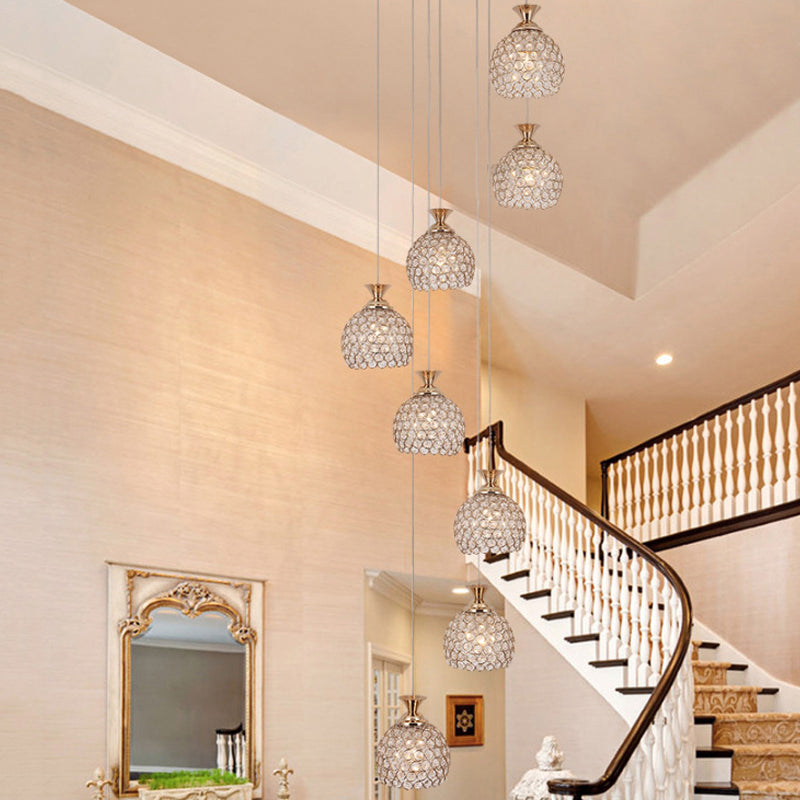 Gold 8-Light Hanging Lighting Contemporary Crystal Dome Shade Multi Lamp Pendant with Spiral Design
