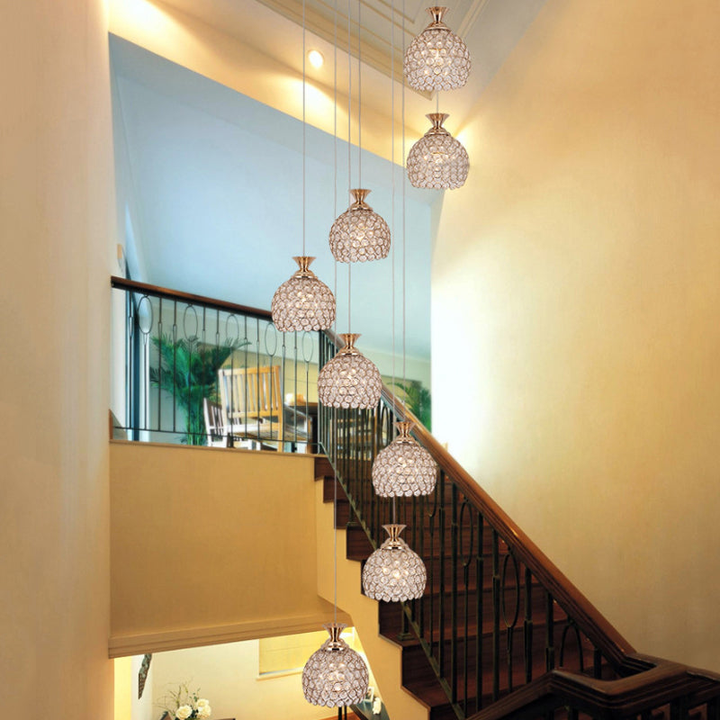 Gold 8-Light Hanging Lighting Contemporary Crystal Dome Shade Multi Lamp Pendant with Spiral Design