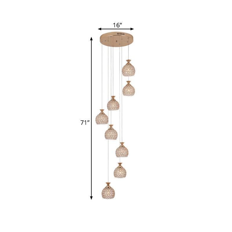 Gold 8-Light Hanging Lighting Contemporary Crystal Dome Shade Multi Lamp Pendant with Spiral Design