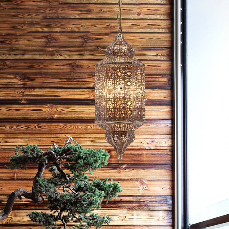 Brass Finish 1 Bulb Pendant Antiqued Metallic Lantern Hanging Light Fixture for Restaurant