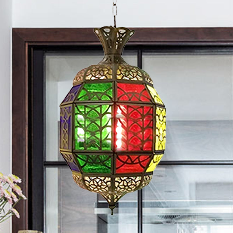 Metallic Lantern Pendant Lamp Vintage 1 Light Balcony Hanging Ceiling Lighting in Red