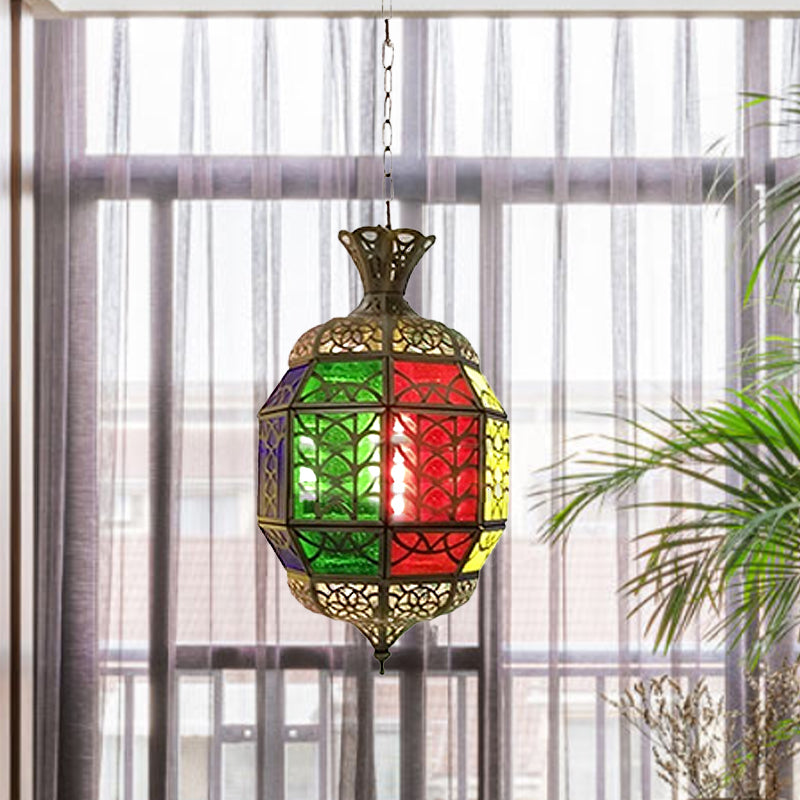 Metallic Lantern Pendant Lamp Vintage 1 Light Balcony Hanging Ceiling Lighting in Red