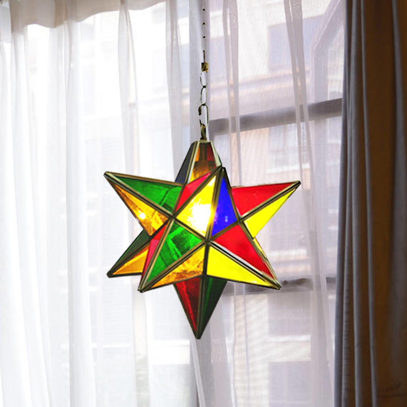 Traditional Star Shape Suspension Lamp 1-Head Metal Hanging Pendant Light in Green