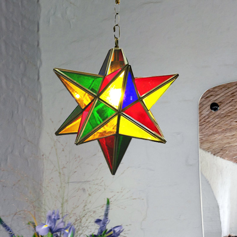 Traditional Star Shape Suspension Lamp 1-Head Metal Hanging Pendant Light in Green