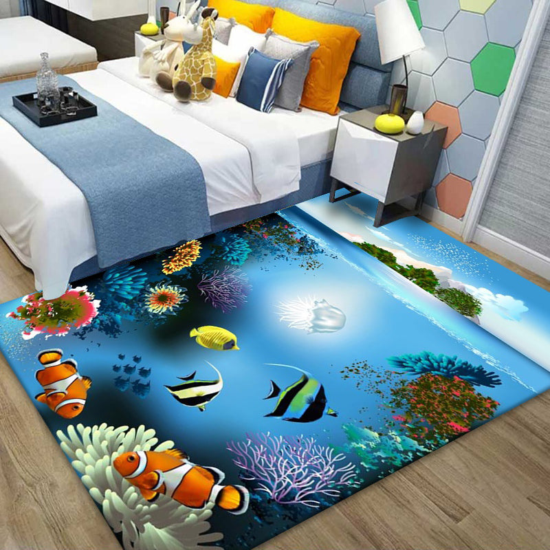 Ocean Blue Modern Rug Blending Fishes Indoor Rug Non-Slip Backing Rug for Living Room