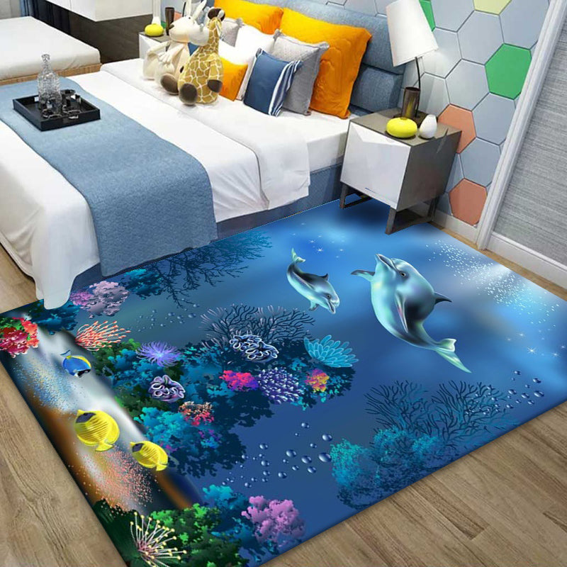 Ocean Blue Modern Rug Blending Fishes Indoor Rug Non-Slip Backing Rug for Living Room