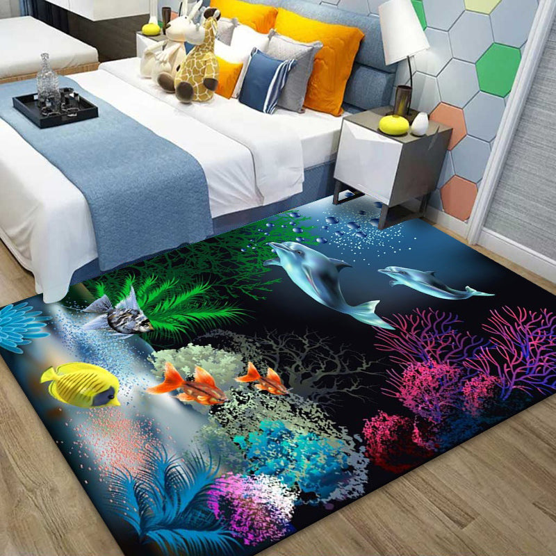 Ocean Blue Modern Rug Blending Fishes Indoor Rug Non-Slip Backing Rug for Living Room