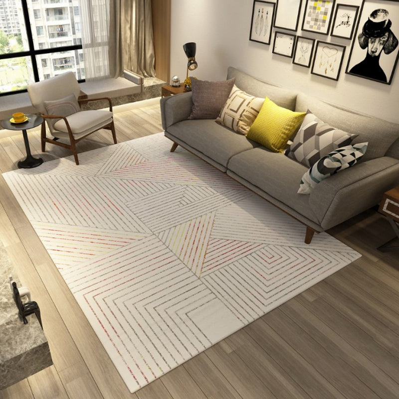 White Modern Area Rug Geometric Print Polyester Area Carpet Non-Slip Backing Rug for Home Decor