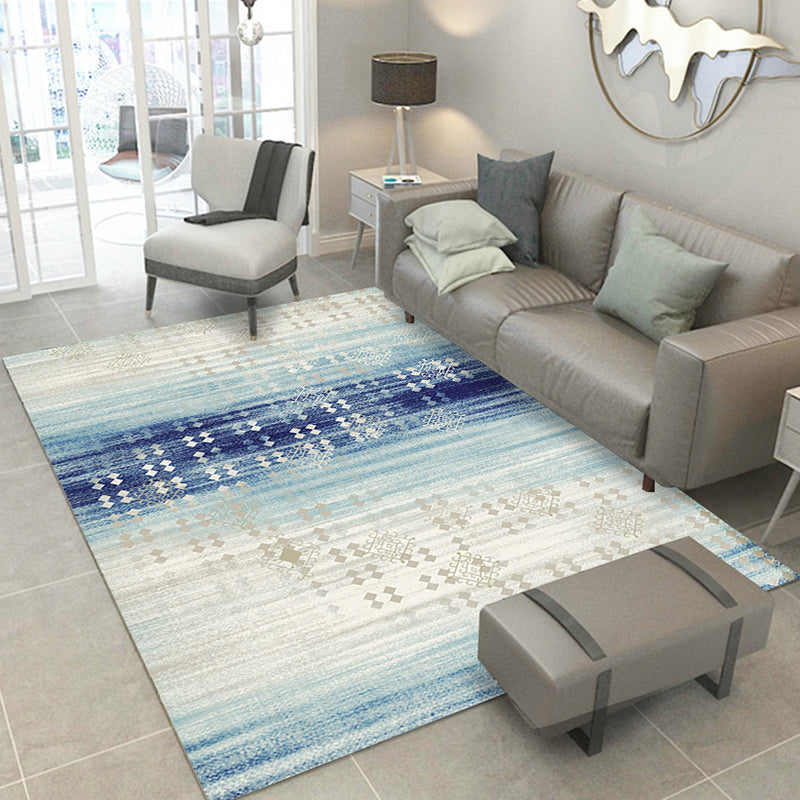 Blue Modern Area Carpet Geometric Print Area Rug Polyester Non-Slip Backing Rug for Home Decor