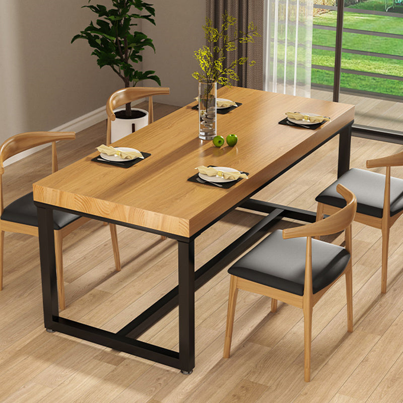 Industrial Solid Wood Dining Table Rectangle Table in Brown with Metal Trestle Base
