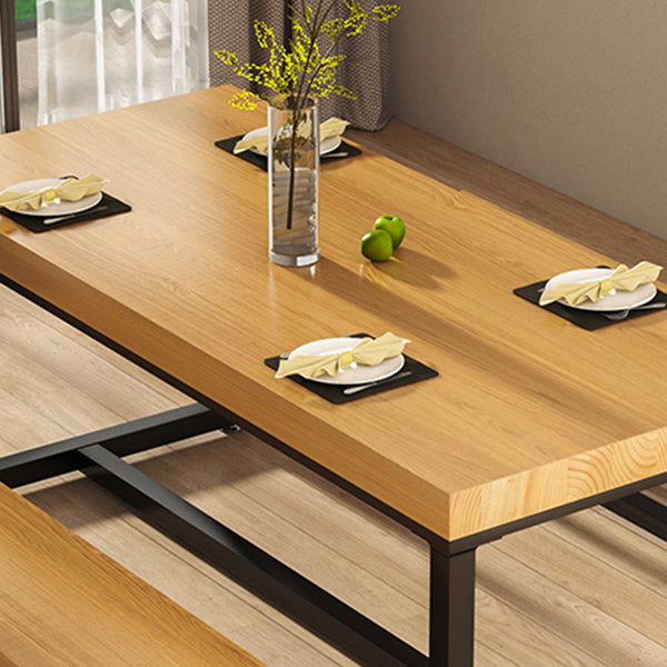 Industrial Solid Wood Dining Table Rectangle Table in Brown with Metal Trestle Base