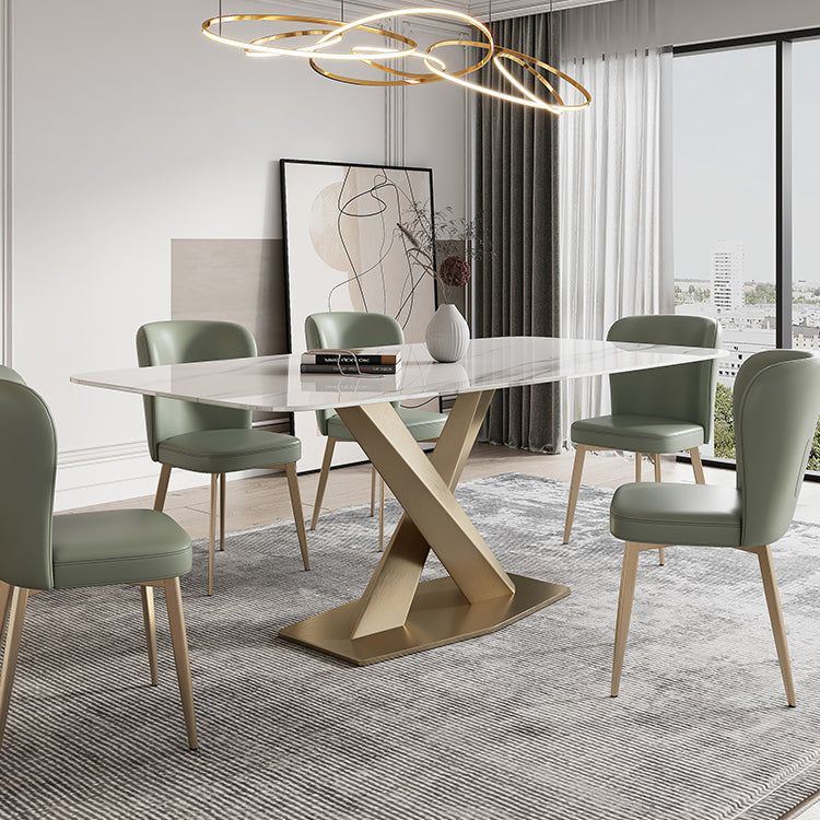 Traditional Luxury Sintered Stone Top Dining Table Rectangle Table in White with Gold Pedestal