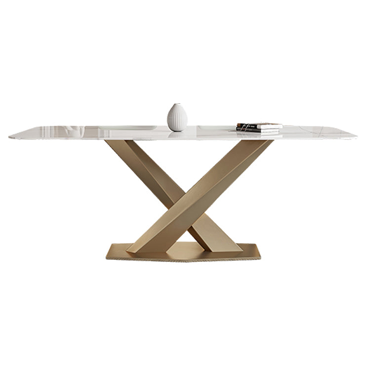 Traditional Luxury Sintered Stone Top Dining Table Rectangle Table in White with Gold Pedestal