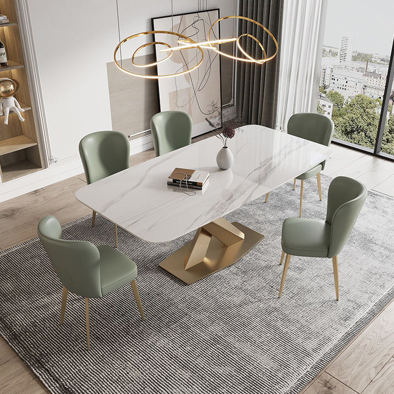 Traditional Luxury Sintered Stone Top Dining Table Rectangle Table in White with Gold Pedestal