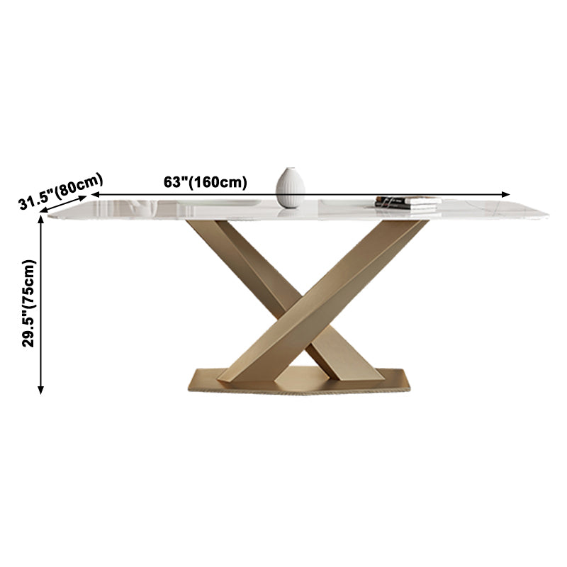 Traditional Luxury Sintered Stone Top Dining Table Rectangle Table in White with Gold Pedestal