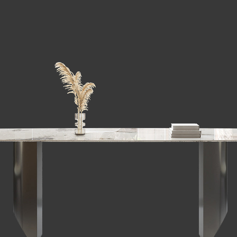 Mesa de comedor con tapa de piedra sinterizada, mesa rectangular con pedestal doble negro