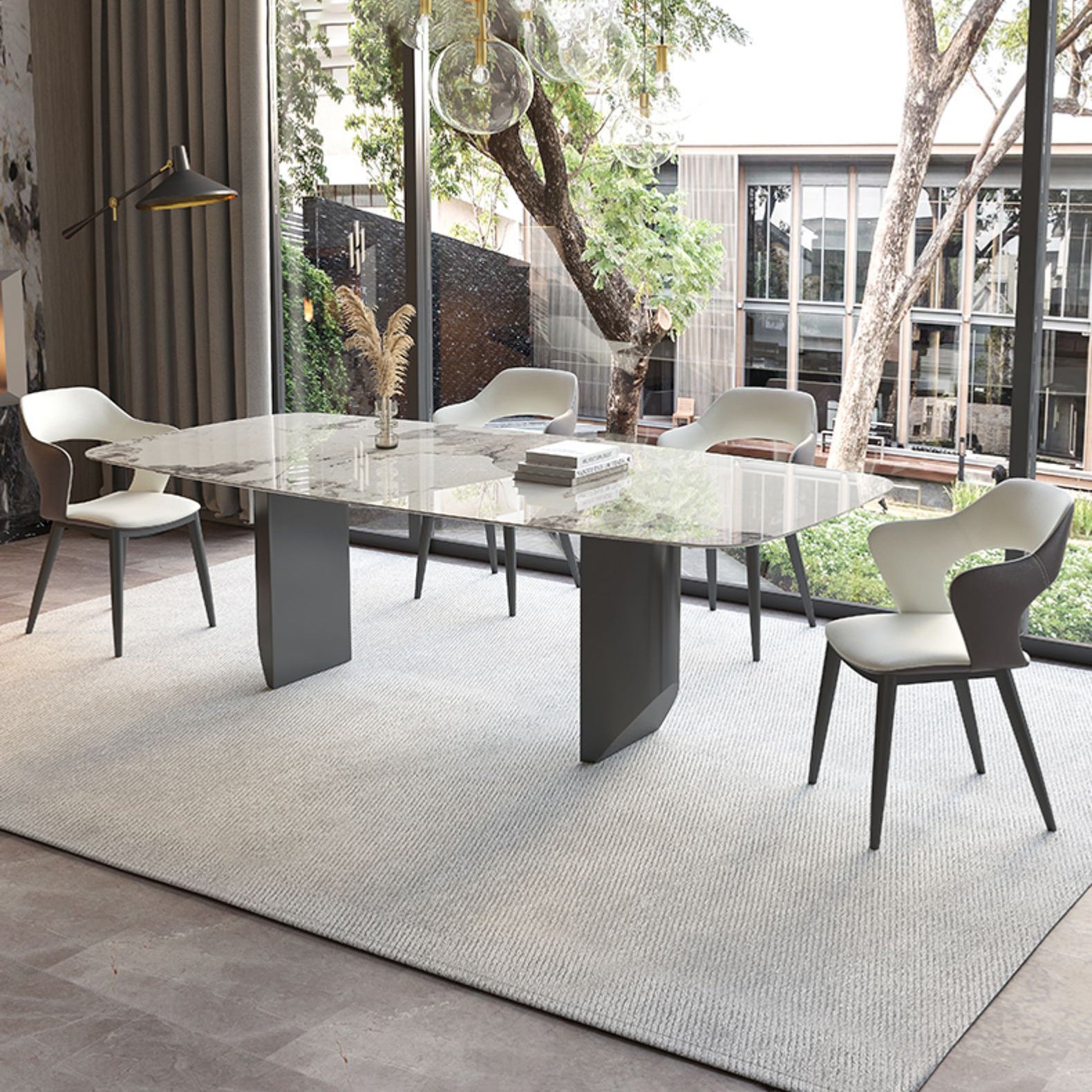 Mesa de comedor con tapa de piedra sinterizada, mesa rectangular con pedestal doble negro
