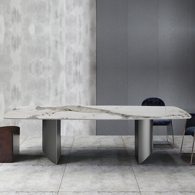 Sintered Stone Top Dining Table Rectangle Table with Grey Metal Base and Double Pedestal