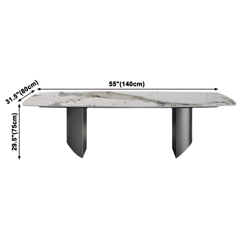 Sintered Stone Top Dining Table Rectangle Table with Grey Metal Base and Double Pedestal