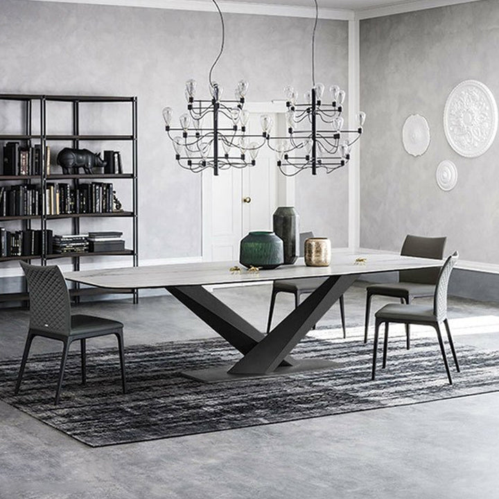 Mesa superior de piedra sinterizada industrial Mesa de comedor Mesa rectangular con pedestal de metal