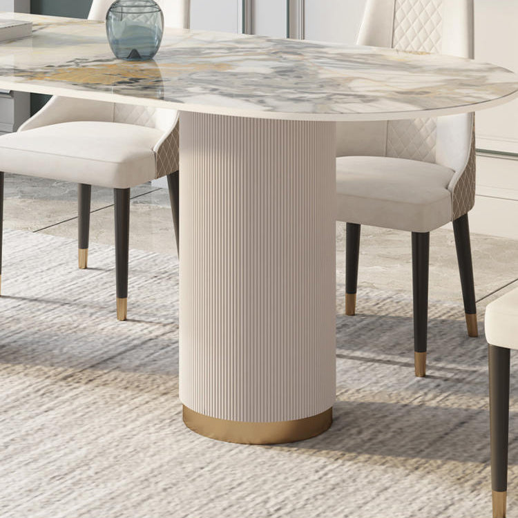 Traditional Luxury Sintered Stone Top Dining Table in White Oval Table with Double Pedestal