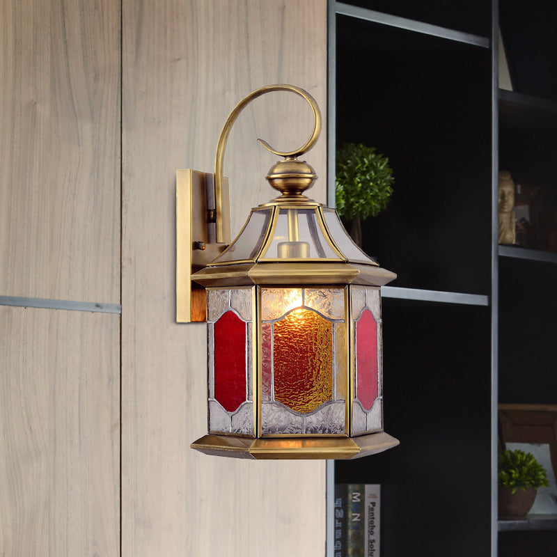 Red Glass Suspended Sconce Lamp Arab 1-Bulb Balcony Wall Mount Light with Curved Arm