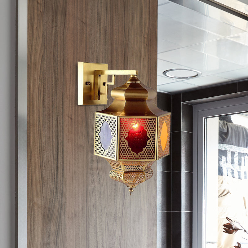 Metal Lantern Sconce Lighting Arab 1-Head Balcony Wall Mounted Ceiling Lamp in Brass